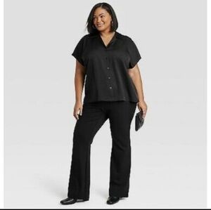 Ava & Viv Women's Satin Short Sleeve Button-Front Shirt Black